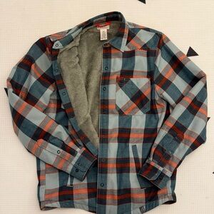 L.L. Bean Blue & Orange Plaid Sherpa-Lined Shirt Jacket